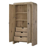 A rustic light brown wooden storage cabinet with one open door, showing three interior shelves, and three drawers below, isolated on a white background.