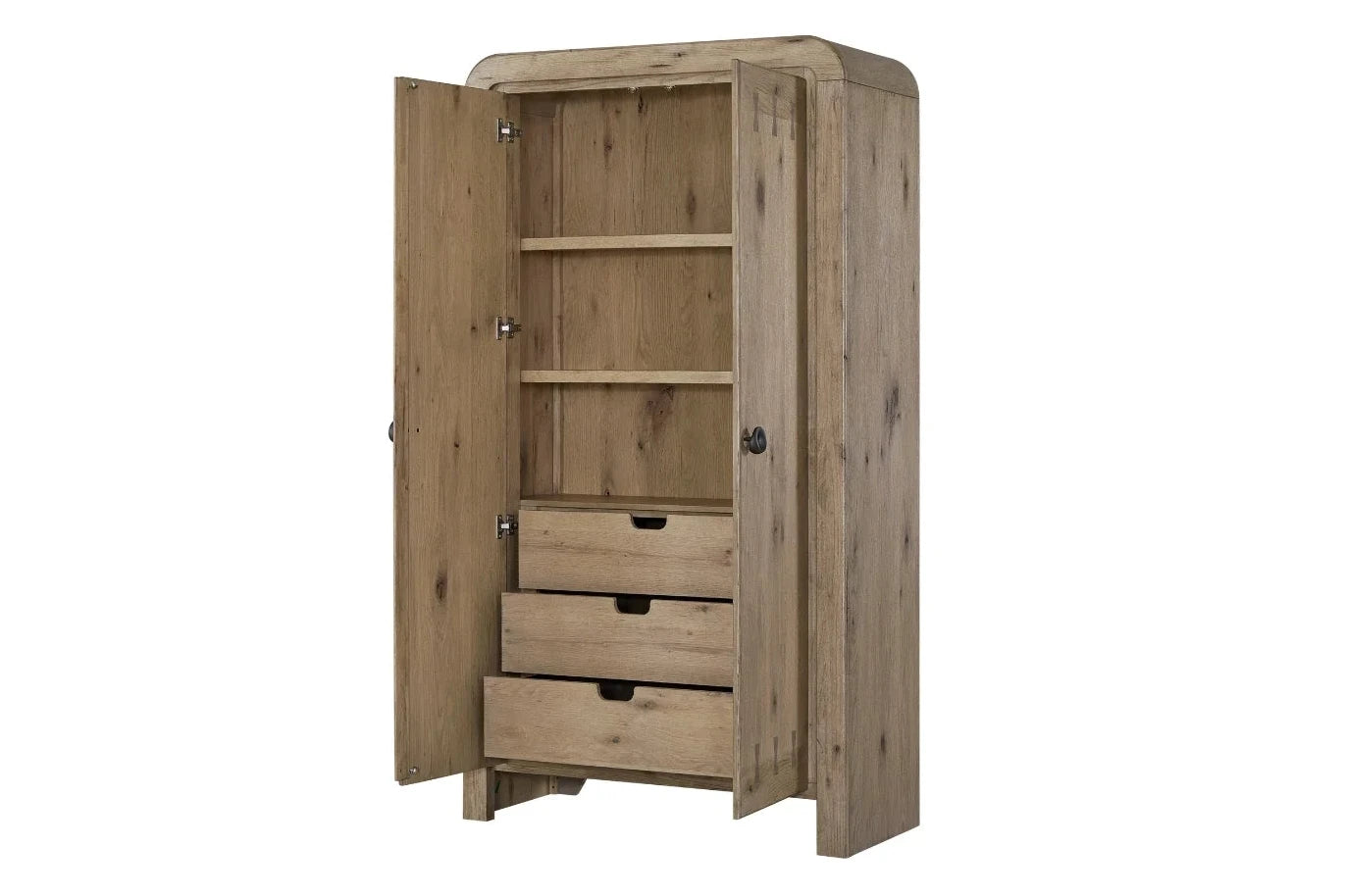 A rustic light brown wooden storage cabinet with one open door, showing three interior shelves, and three drawers below, isolated on a white background.