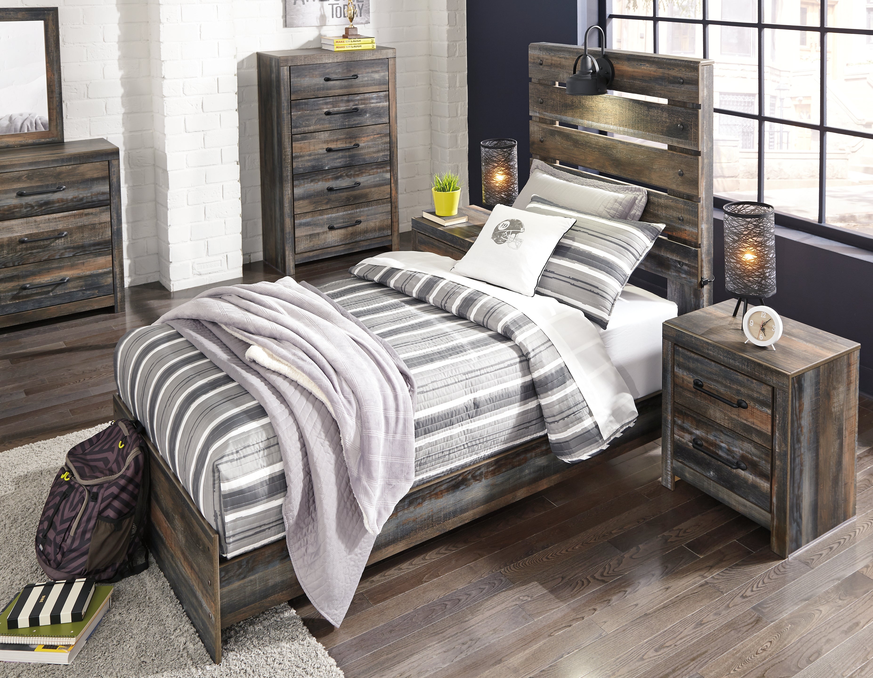 Ashley Furniture - Drystan Twin Panel Bed With Light - Brown - Beige Wood|Metal - Beds - Additional View 5