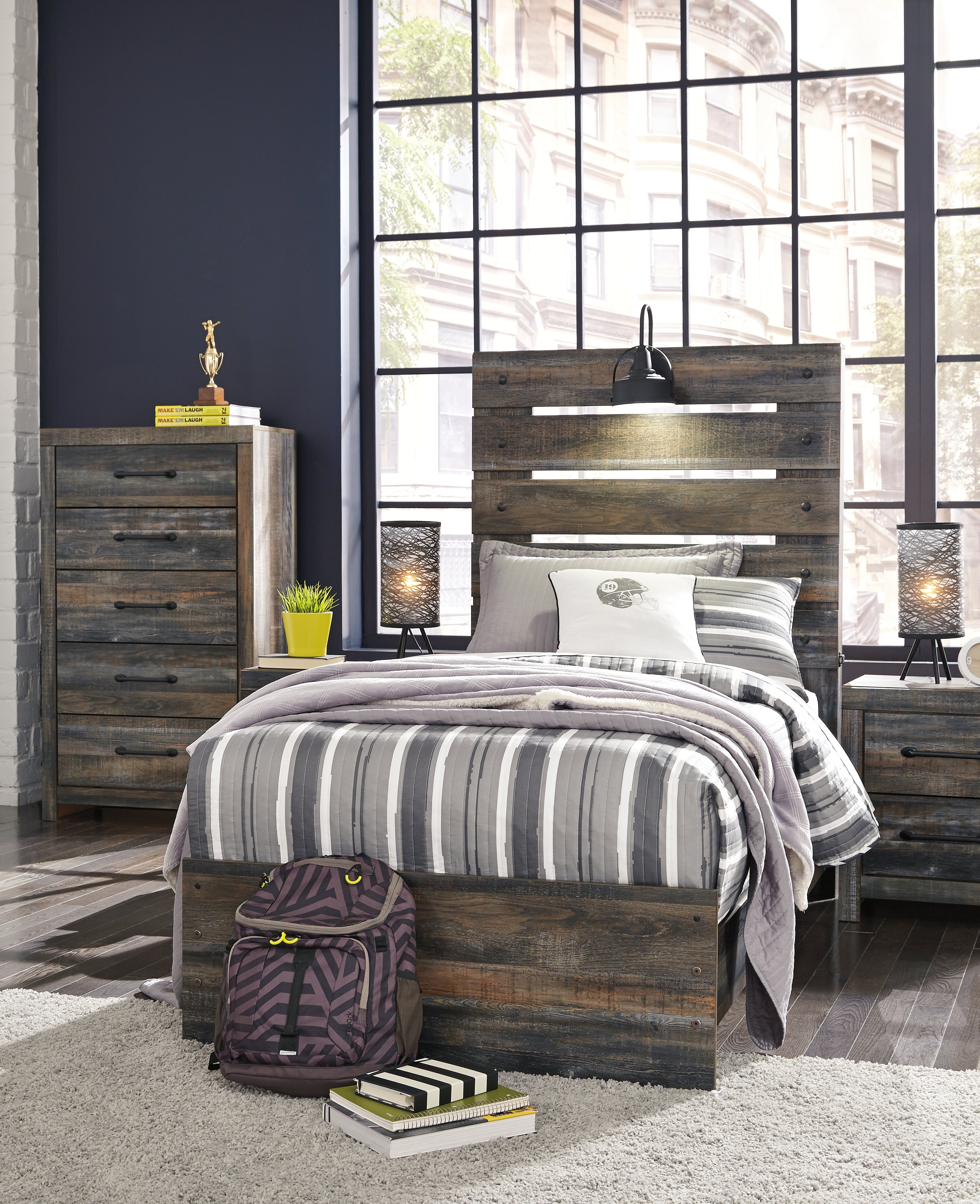 Ashley Furniture - Drystan Twin Panel Bed With Light - Brown - Beige Wood|Metal - Beds - Additional View 6