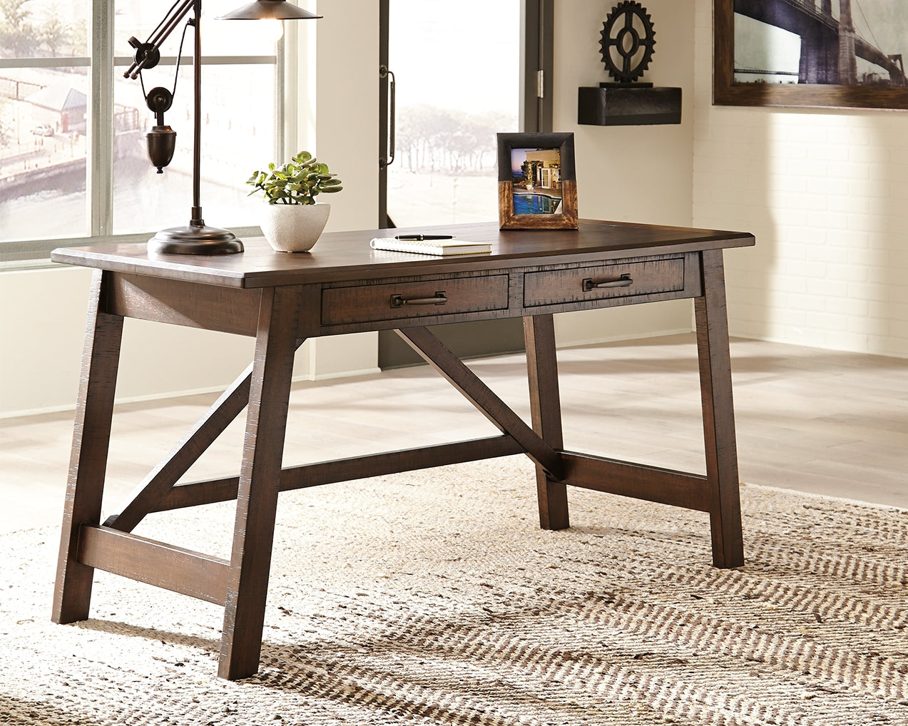 Ashley Furniture - BALDRIDGE RUSTIC BROWN HOME OFFICE LARGE LEG DESK - Dark Brown Wood - Desks - Additional View 1