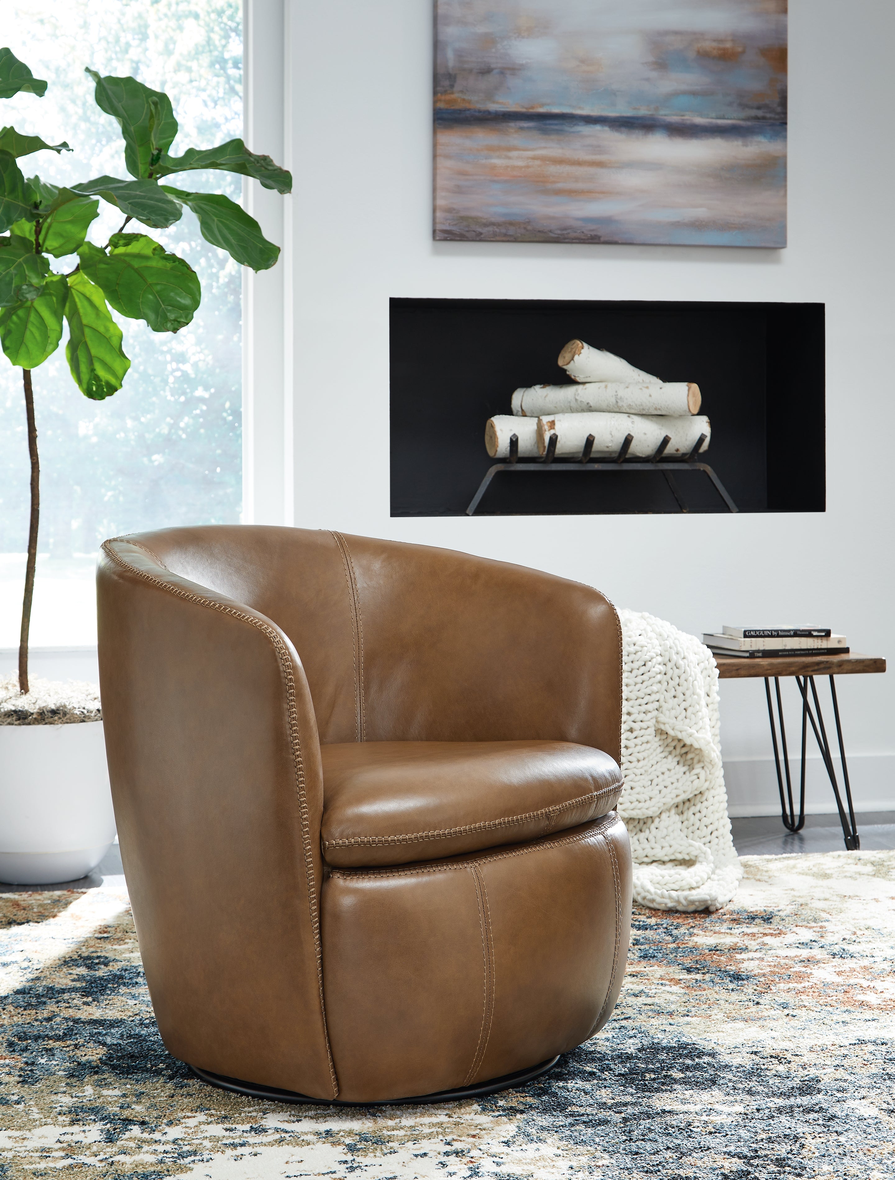 Ashley Furniture - Kierreys 100% Leather Swivel Chair - Caramel - Light Brown - Chairs - Additional View 1