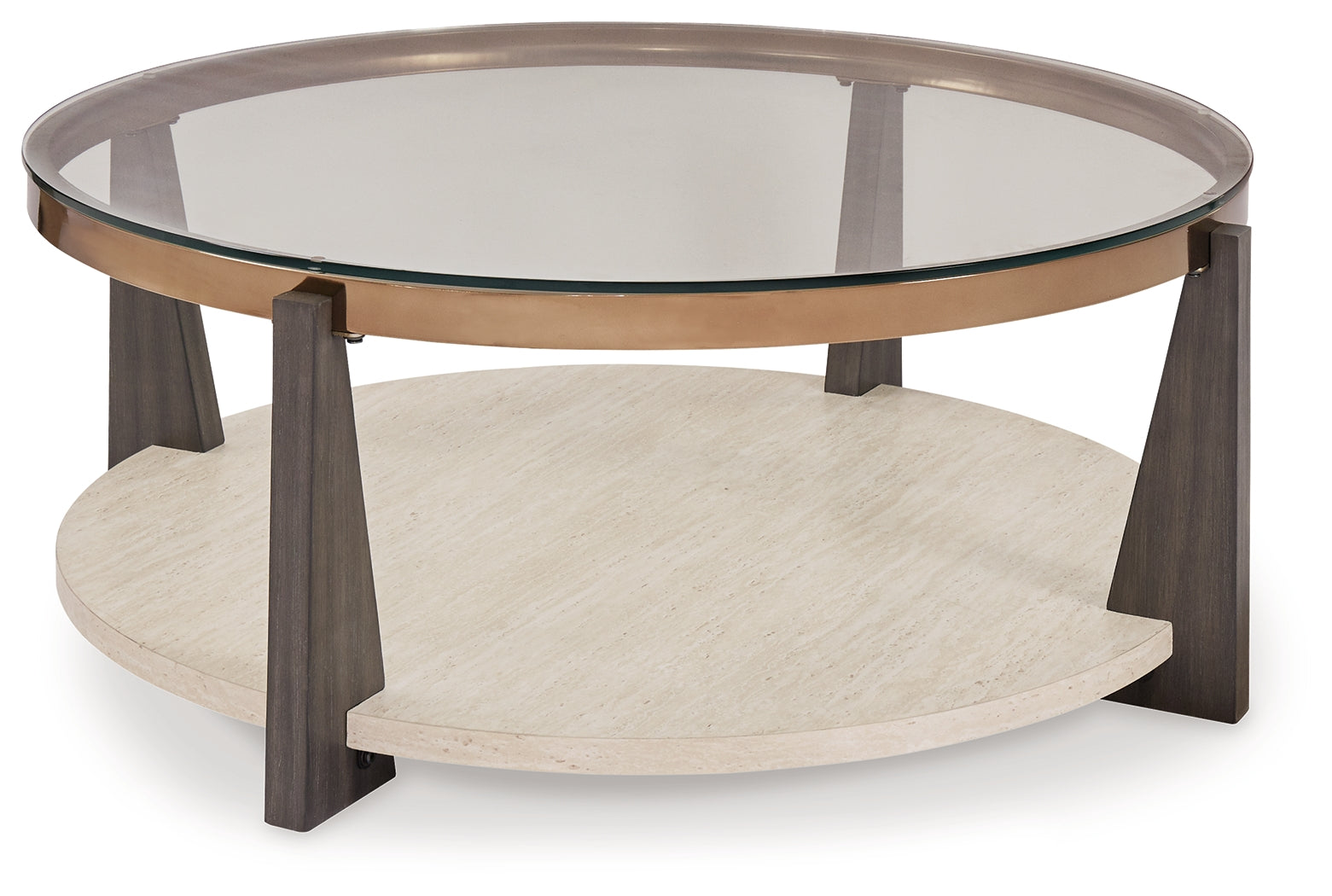 Ashley Furniture - FRAZWA ROUND COCKTAIL TABLE - Dark Gray Glass|Wood|Metal - Tables