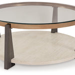 Ashley Furniture - FRAZWA ROUND COCKTAIL TABLE - Dark Gray Glass|Wood|Metal - Tables