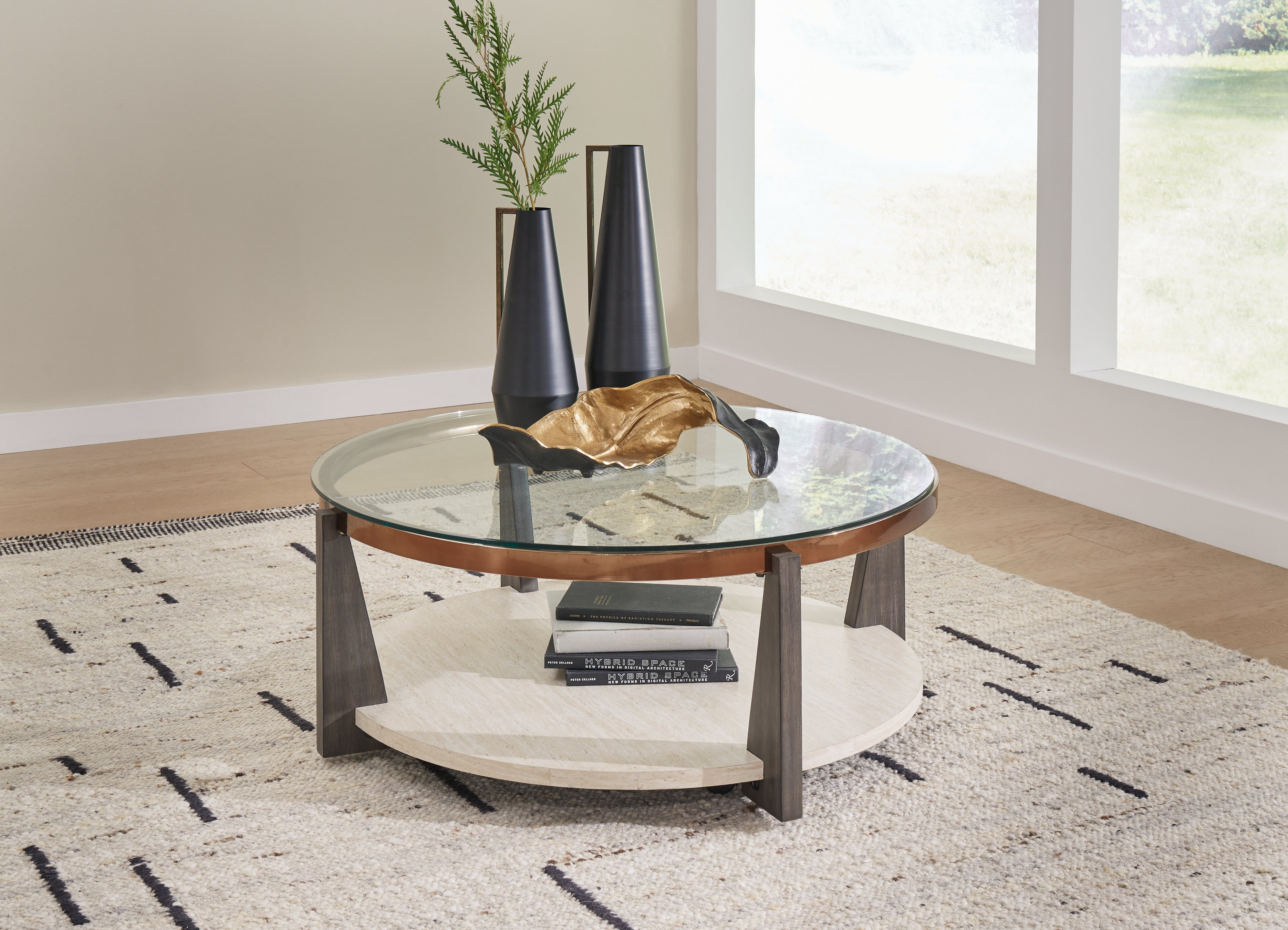 Ashley Furniture - FRAZWA ROUND COCKTAIL TABLE - Dark Gray Glass|Wood|Metal - Tables - Additional View 1