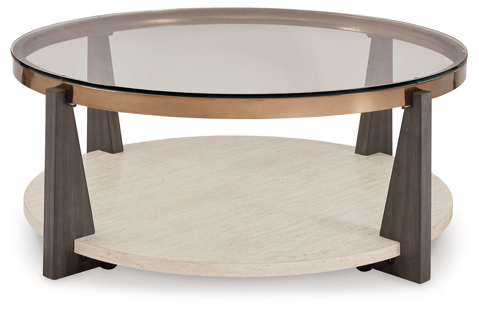 Ashley Furniture - FRAZWA ROUND COCKTAIL TABLE - Dark Gray Glass|Wood|Metal - Tables - Additional View 2