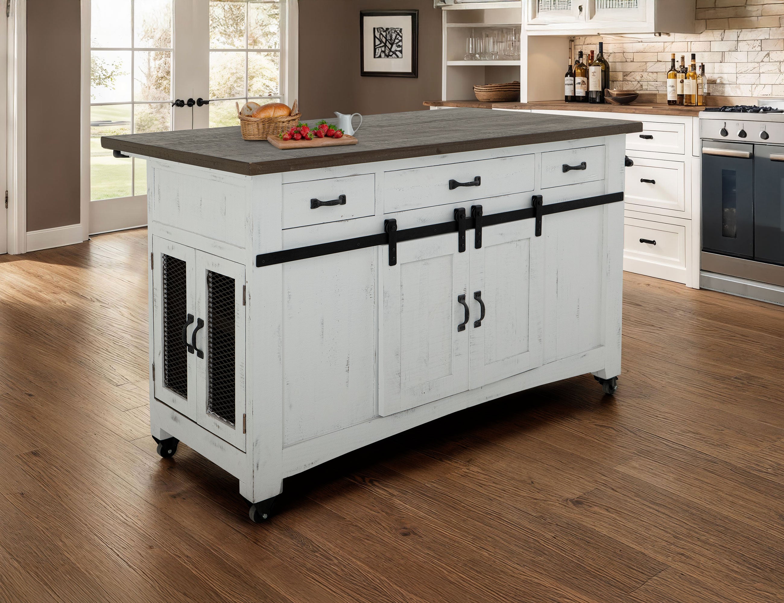 International Furniture Direct - PUEBLO WHITE KITCHEN ISLAND - White|Dark Brown Wood - Islands & Carts - Additional View 5