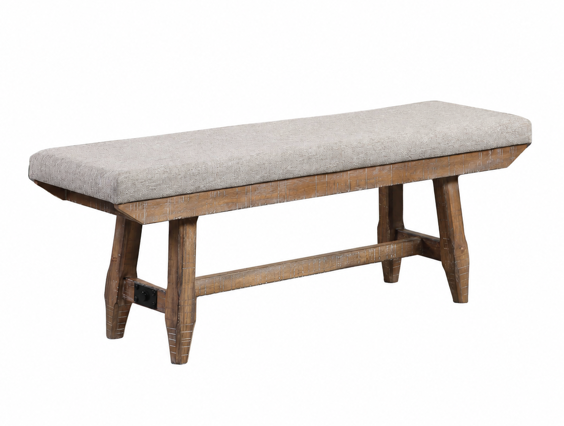A rustic wooden bench with a light gray upholstered seat cushion, shown on a plain white background.