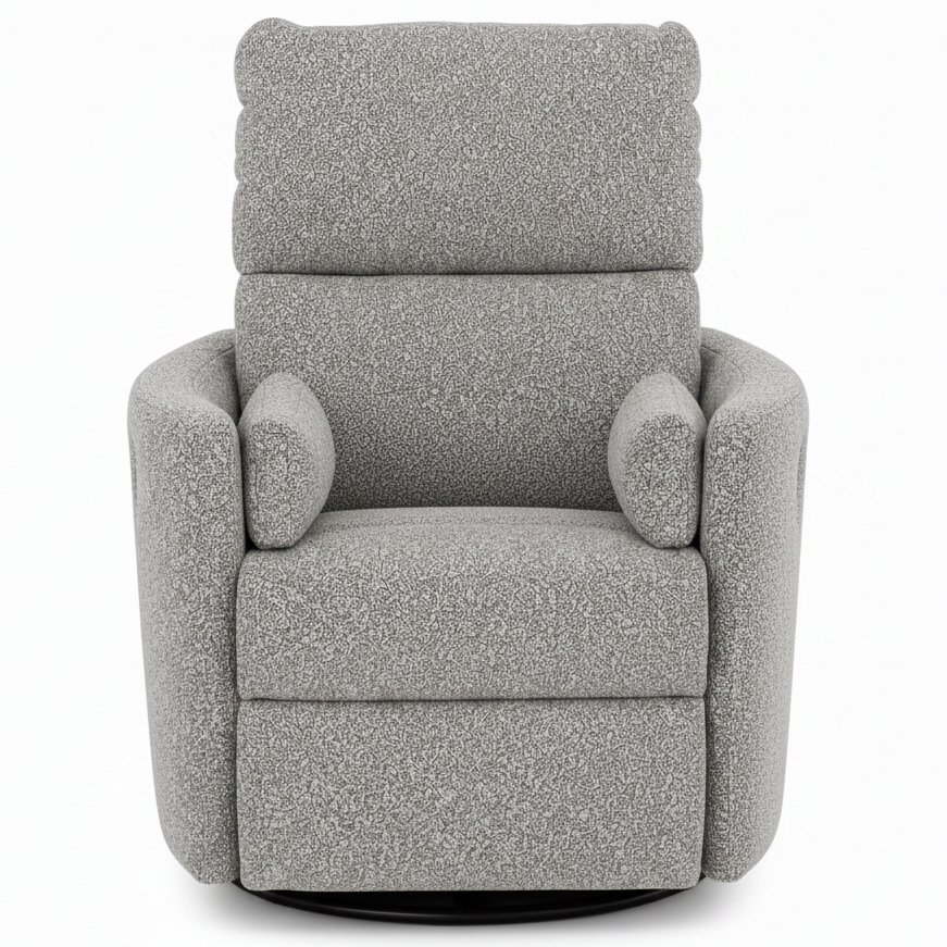 A modern gray upholstered swivel recliner chair with a textured bouclé fabric, shown from the front against a plain white background.