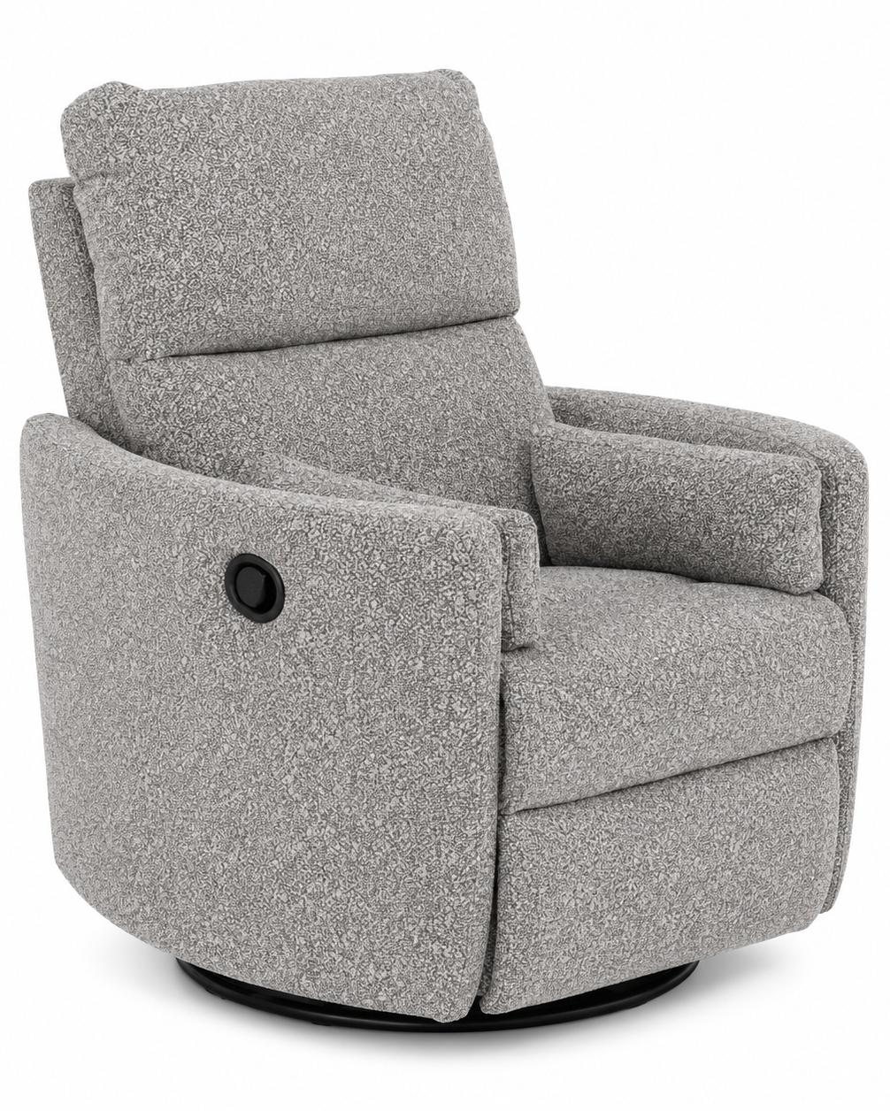 A modern gray fabric swivel recliner chair with a circular control button on the side, shown against a plain white background.
