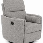 A modern gray fabric swivel recliner chair with a circular control button on the side, shown against a plain white background.