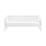 A white outdoor daybed with a woven rattan frame, featuring a padded seat cushion and backrest, shown against a solid white background.