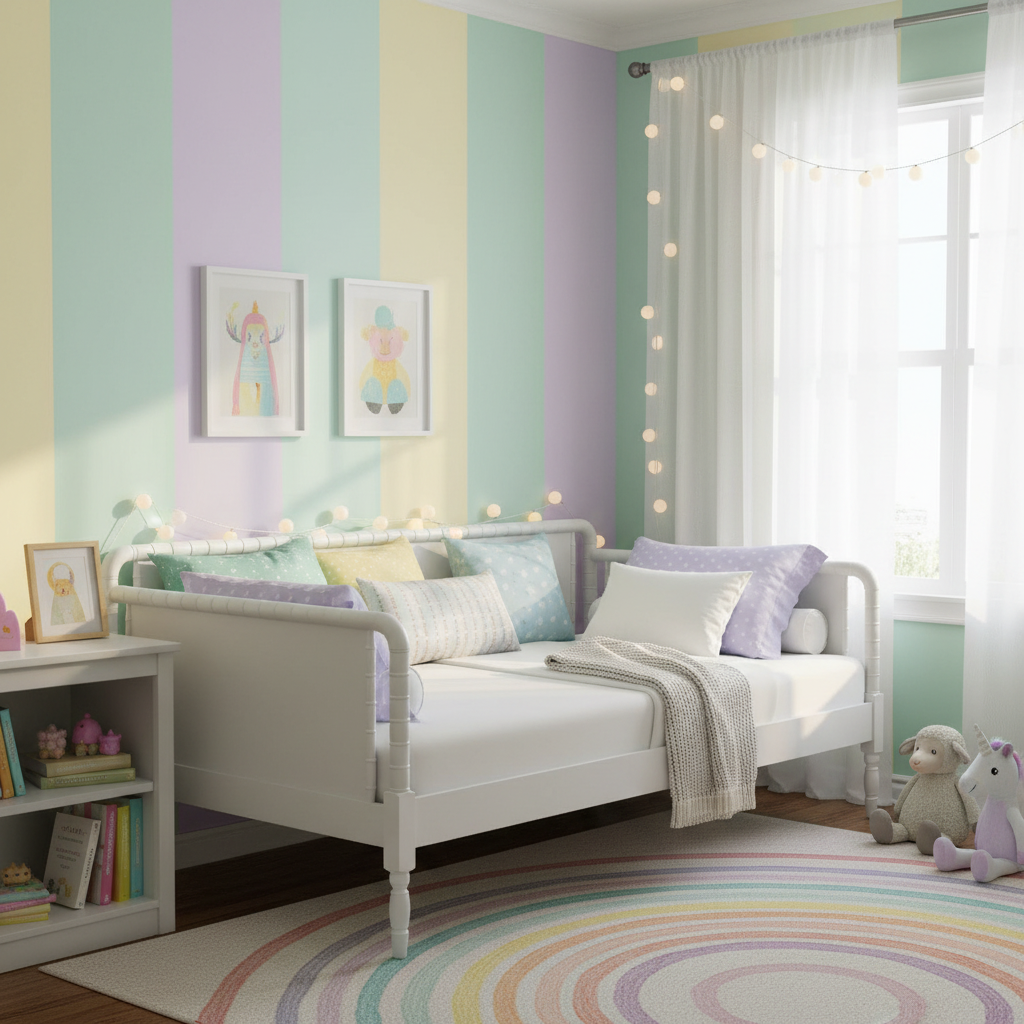 A white wooden daybed styled in a pastel-colored children's bedroom with pastel striped walls, a small white side table, string lights, and a rainbow-patterned rug.