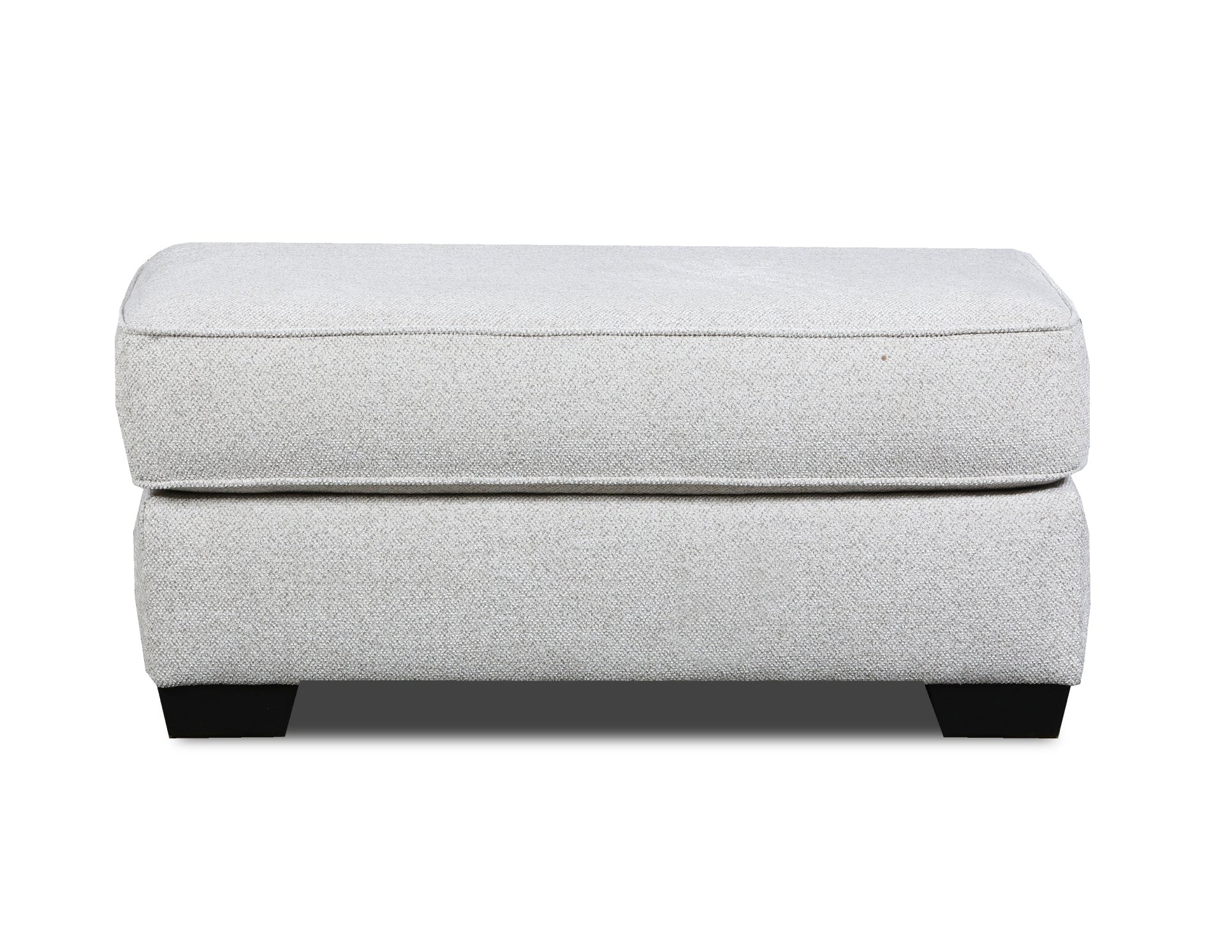 A light gray upholstered ottoman with a rectangular top and short dark feet, shown against a plain white background.