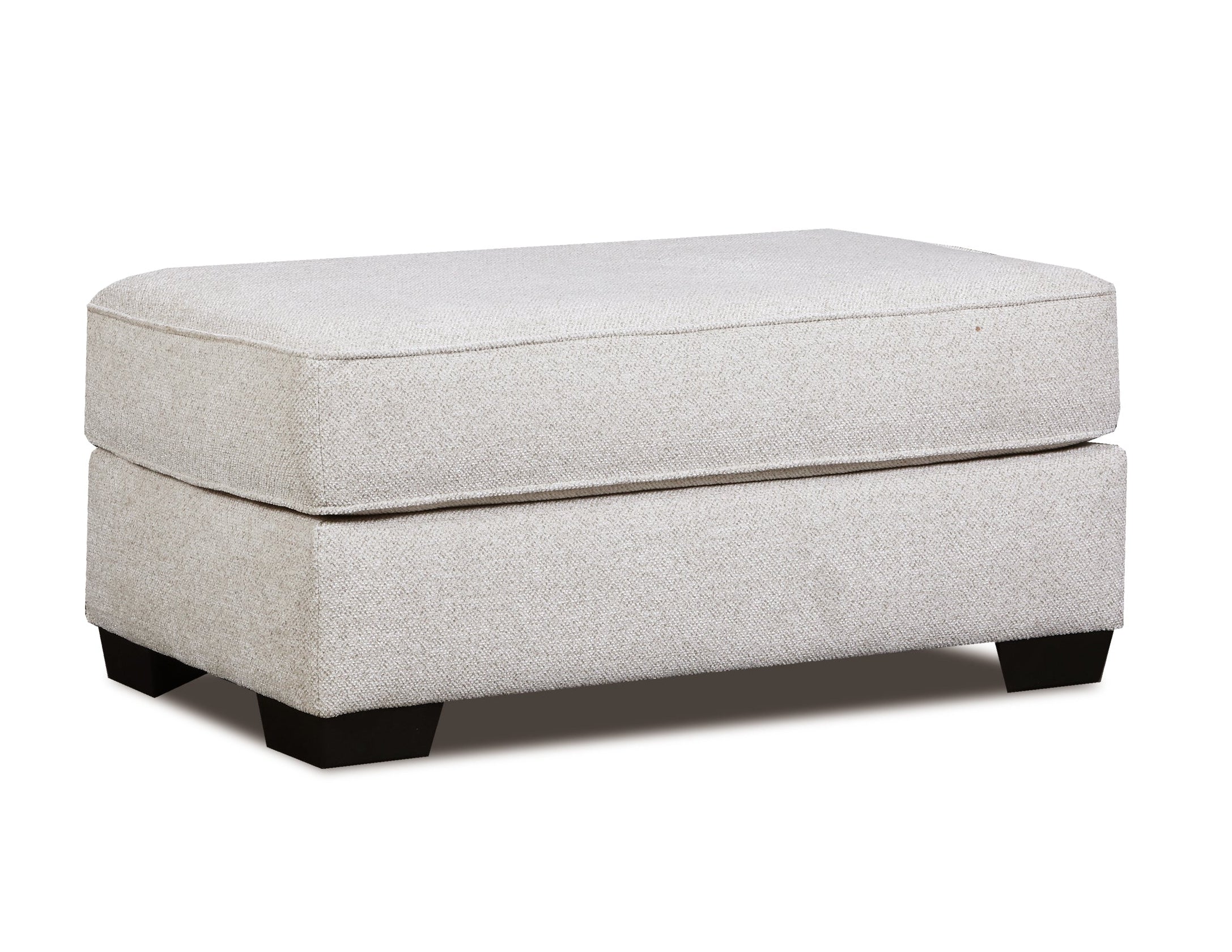 A light beige upholstered ottoman with a two-tiered design and dark block feet, shown against a plain white background.