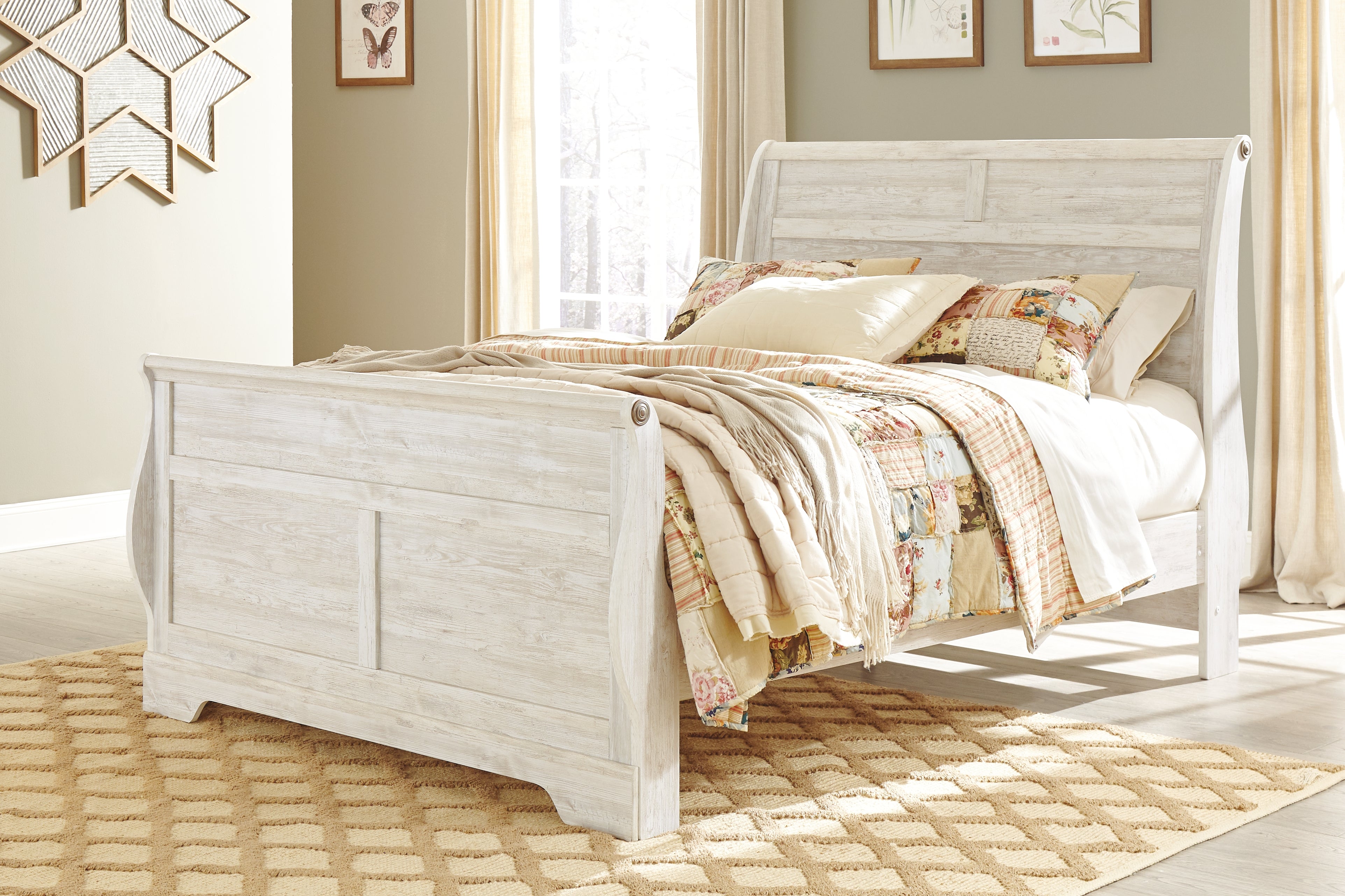 Ashley Furniture - WILLOWTON QUEEN BED SLEIGH WHITE - Beige Wood - Beds - Additional View 2