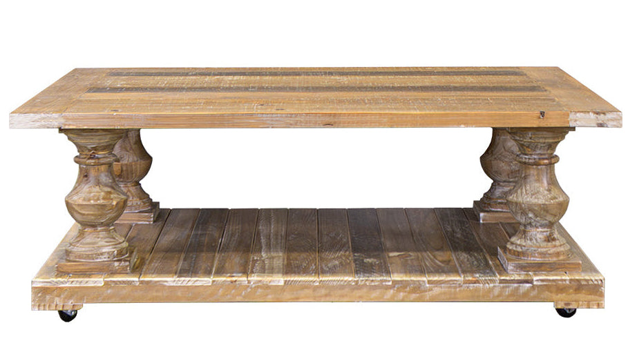 Wooden coffee table with a rustic design on a white background