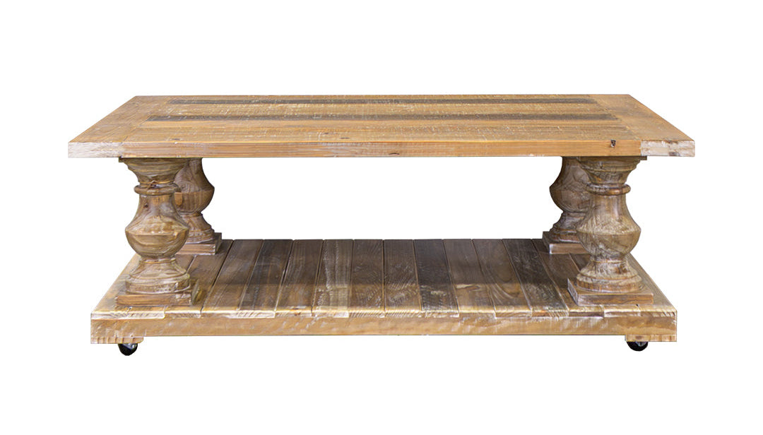 Wooden coffee table with a rustic design on a white background