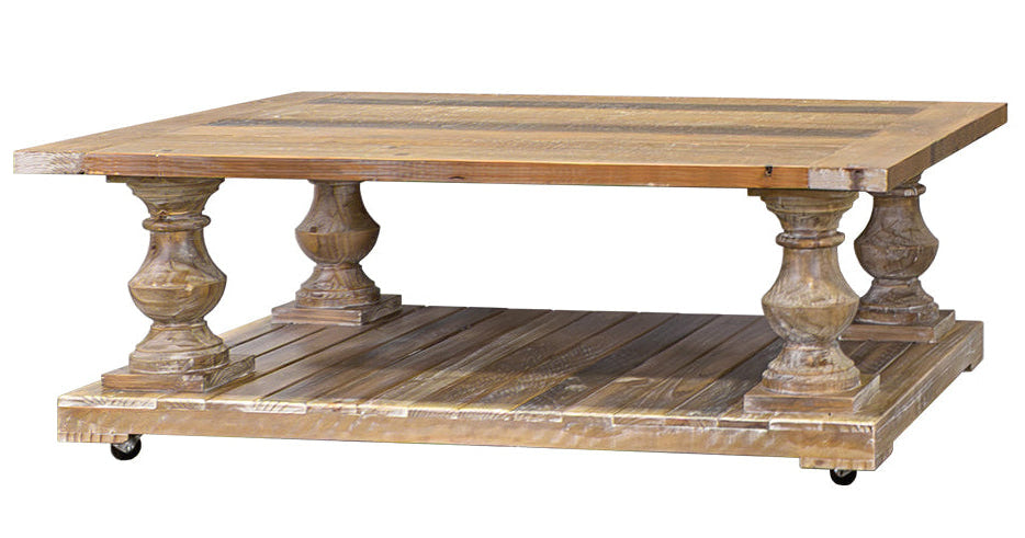 Wooden coffee table with decorative legs on a white background
