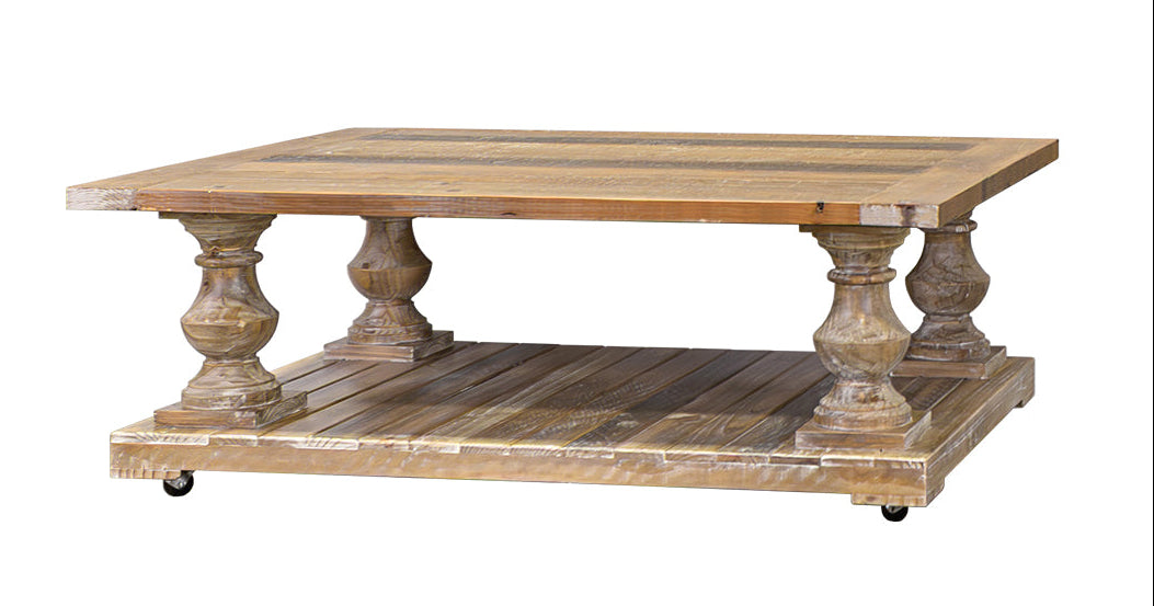 Wooden coffee table with decorative legs on a white background