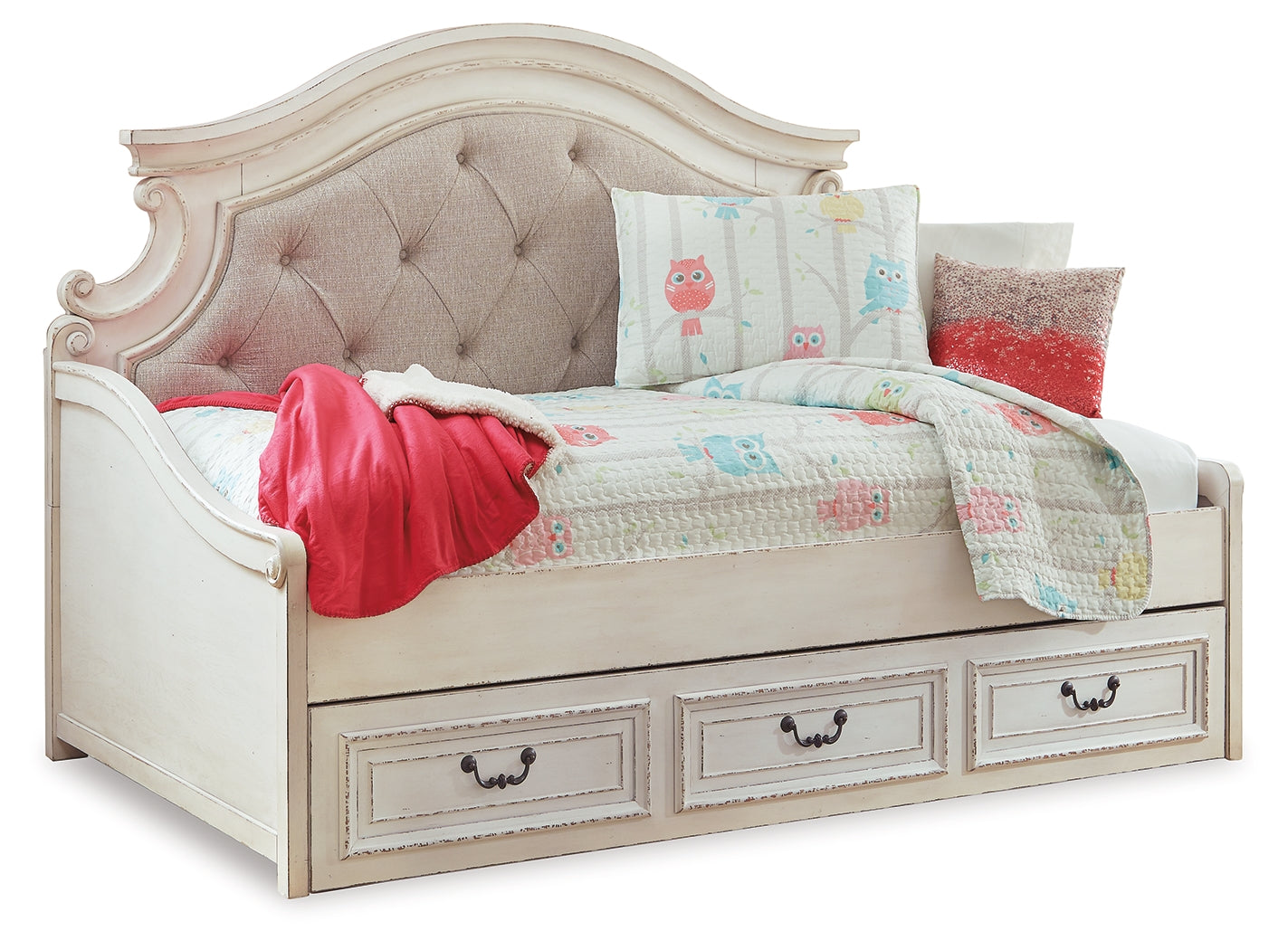 Ashley Furniture - Realyn Twin Daybed With Storage - White Wood|Fabric - Beds