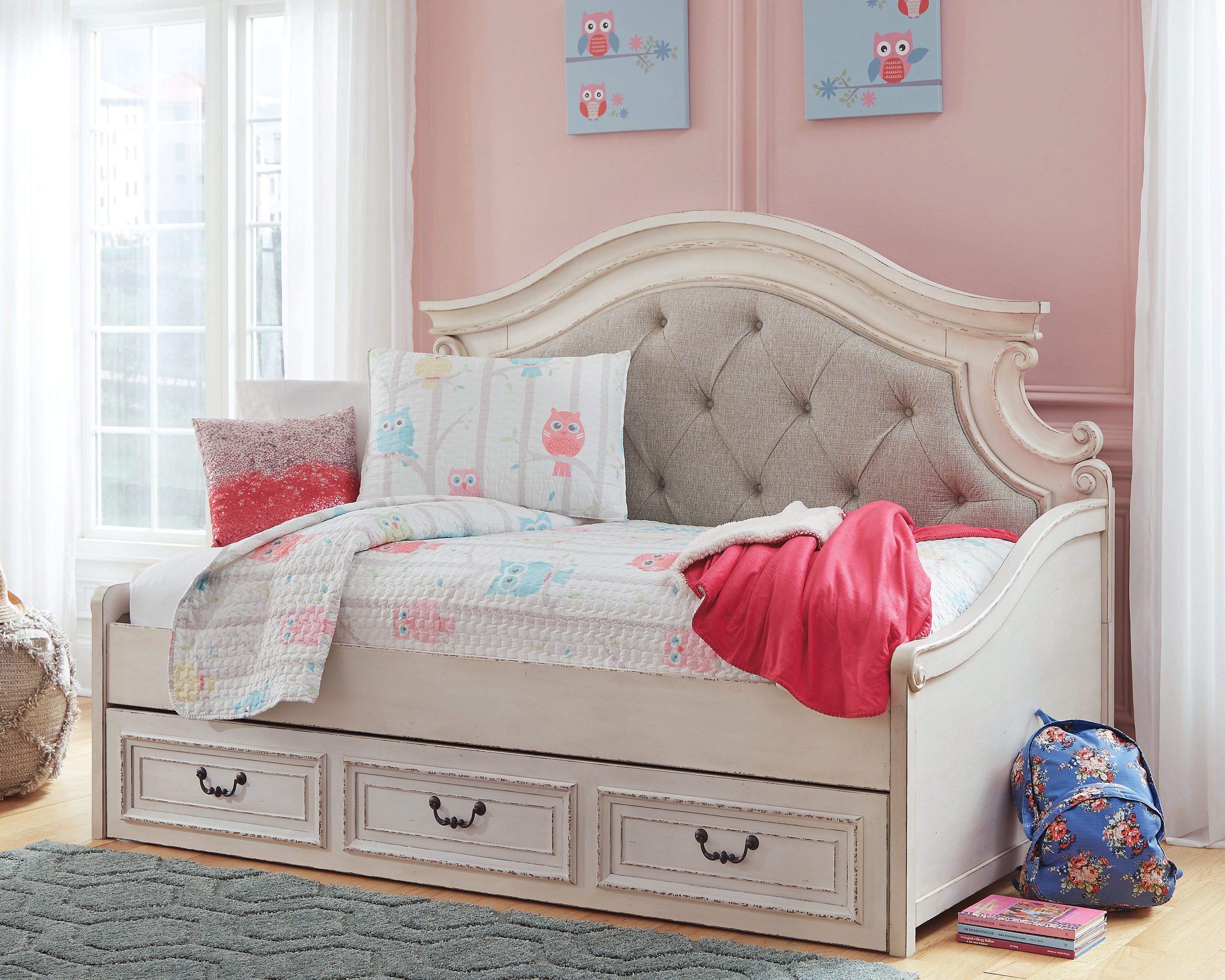 Ashley Furniture - Realyn Twin Daybed With Storage - White Wood|Fabric - Beds - Additional View 1