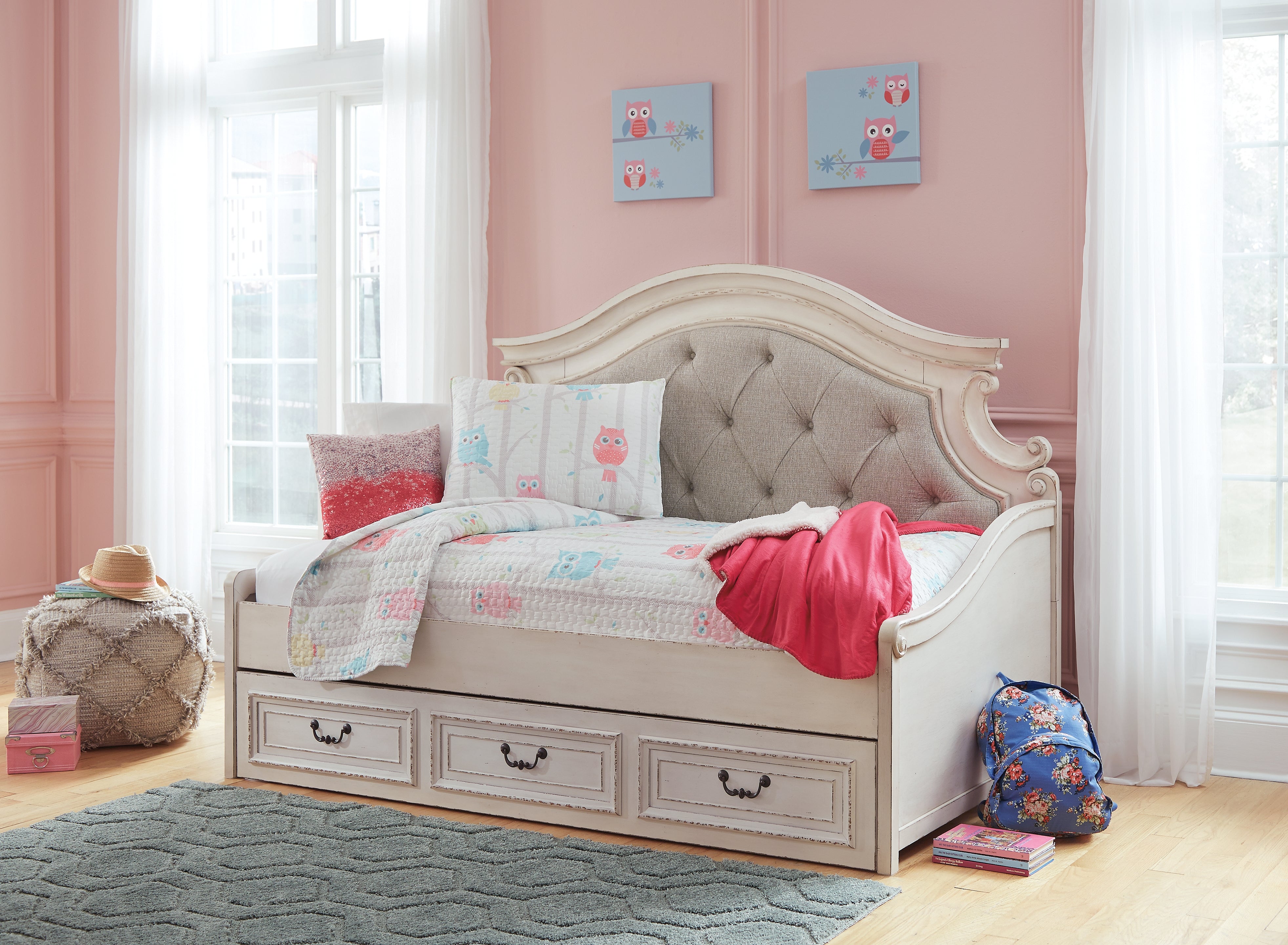 Ashley Furniture - Realyn Twin Daybed With Storage - White Wood|Fabric - Beds - Additional View 5