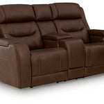 Ashley Furniture - DREAMER POWER RECLINING LOVE W/AUDIO CONSOLE - Dark Brown Leather Match - Loveseats