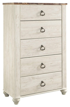 Ashley Furniture - WILLOWTON FIVE DRAWER CHEST - Beige Wood - Chests