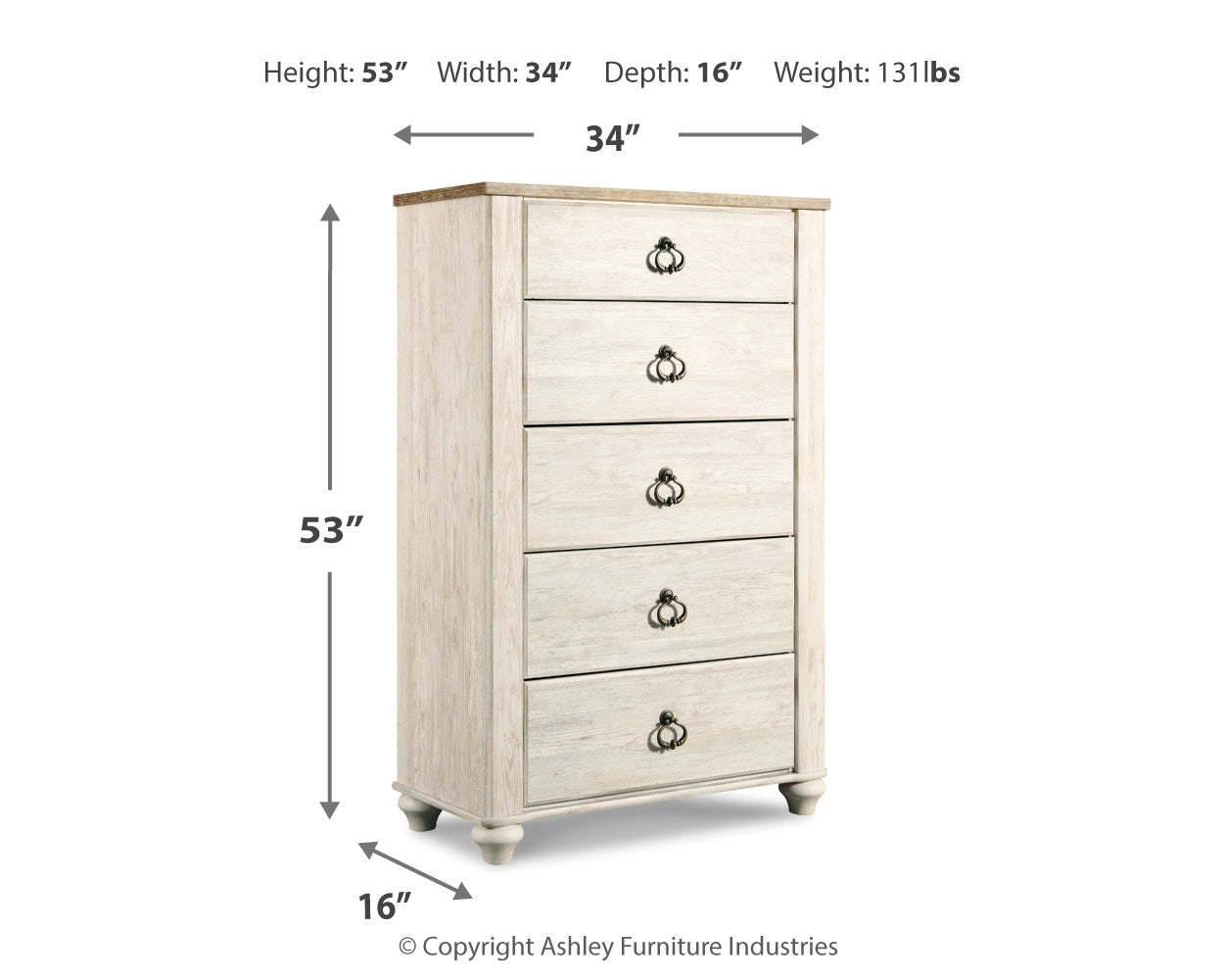 Ashley Furniture - WILLOWTON FIVE DRAWER CHEST - Beige Wood - Chests - Additional View 2