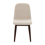 An upholstered dining chair with a light beige textured fabric seat and backrest, supported by four tapered dark brown wooden legs, shown against a plain white background.