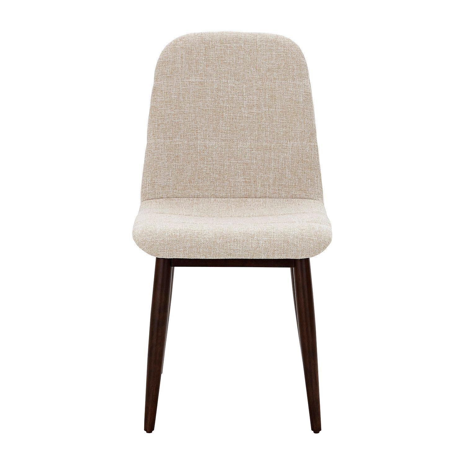 An upholstered dining chair with a light beige textured fabric seat and backrest, supported by four tapered dark brown wooden legs, shown against a plain white background.