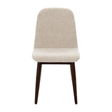 An upholstered dining chair with a light beige textured fabric seat and backrest, supported by four tapered dark brown wooden legs, shown against a plain white background.