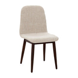 An upholstered dining chair with a textured beige fabric seat and backrest, supported by four tapered dark brown wooden legs, shown against a plain white background.