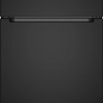 A top-freezer refrigerator in a matte black finish, shown from a front-facing perspective against a solid black background.
