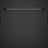 A top-freezer refrigerator in a matte black finish, shown from a front-facing perspective against a solid black background.