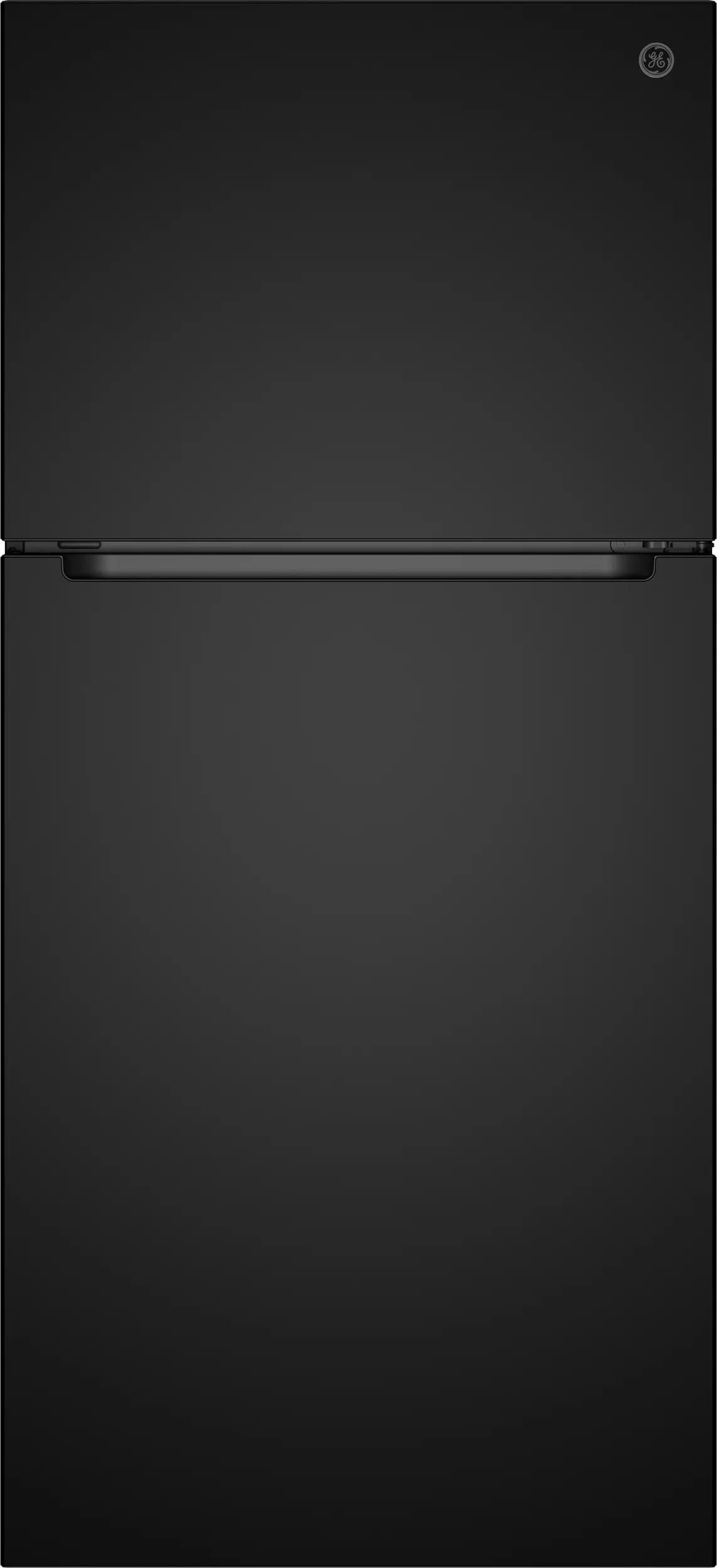 A top-freezer refrigerator in a matte black finish, shown from a front-facing perspective against a solid black background.