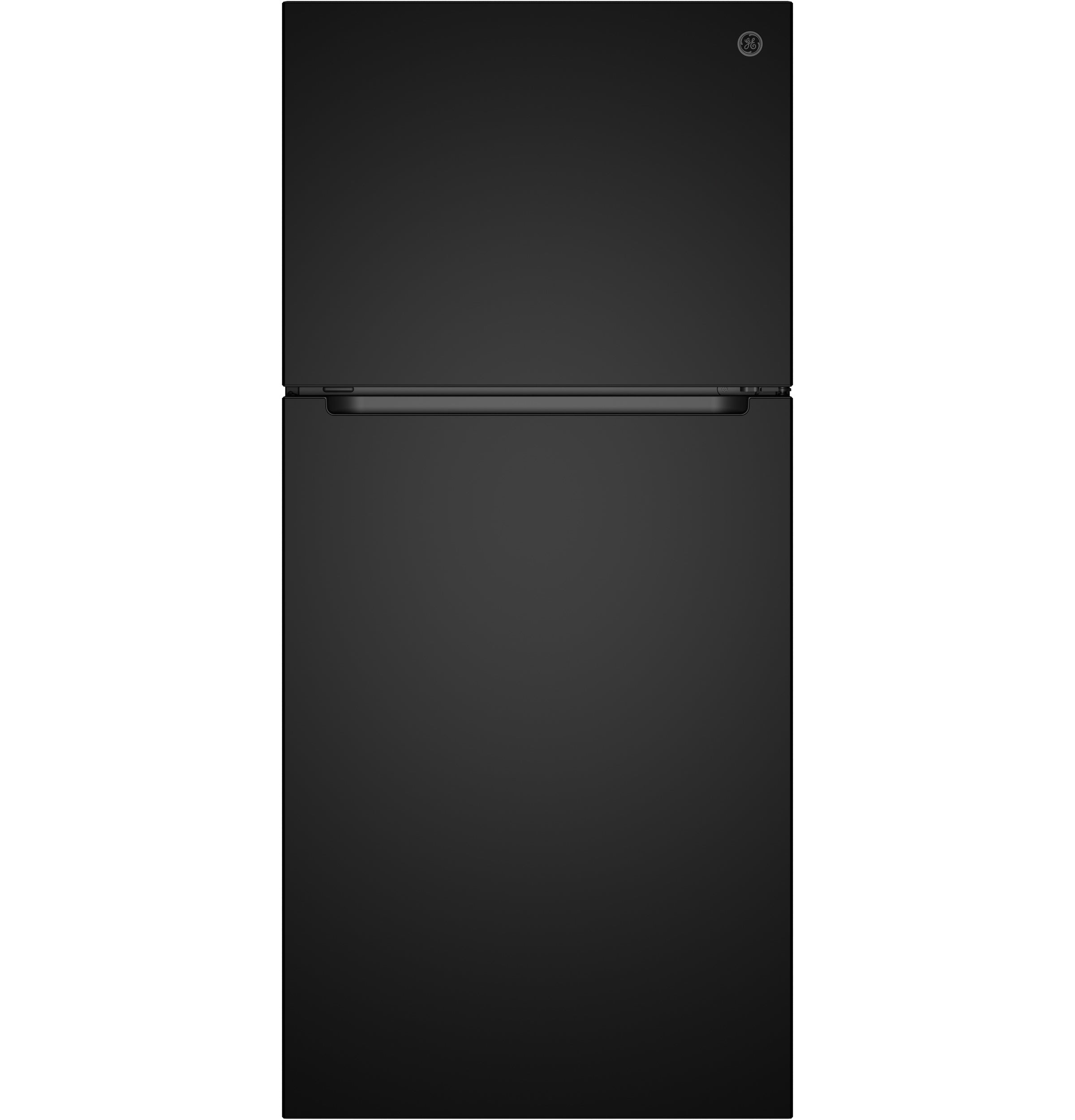 A top-freezer refrigerator in a matte black finish, shown from a front-facing perspective against a solid black background.