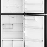 A top-down view of a black refrigerator with both the freezer door and the main refrigerator door open, showing the white interior shelves, door bins, and two bottom crisper drawers.
