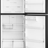 A top-down view of a black refrigerator with both the freezer door and the main refrigerator door open, showing the white interior shelves, door bins, and two bottom crisper drawers.