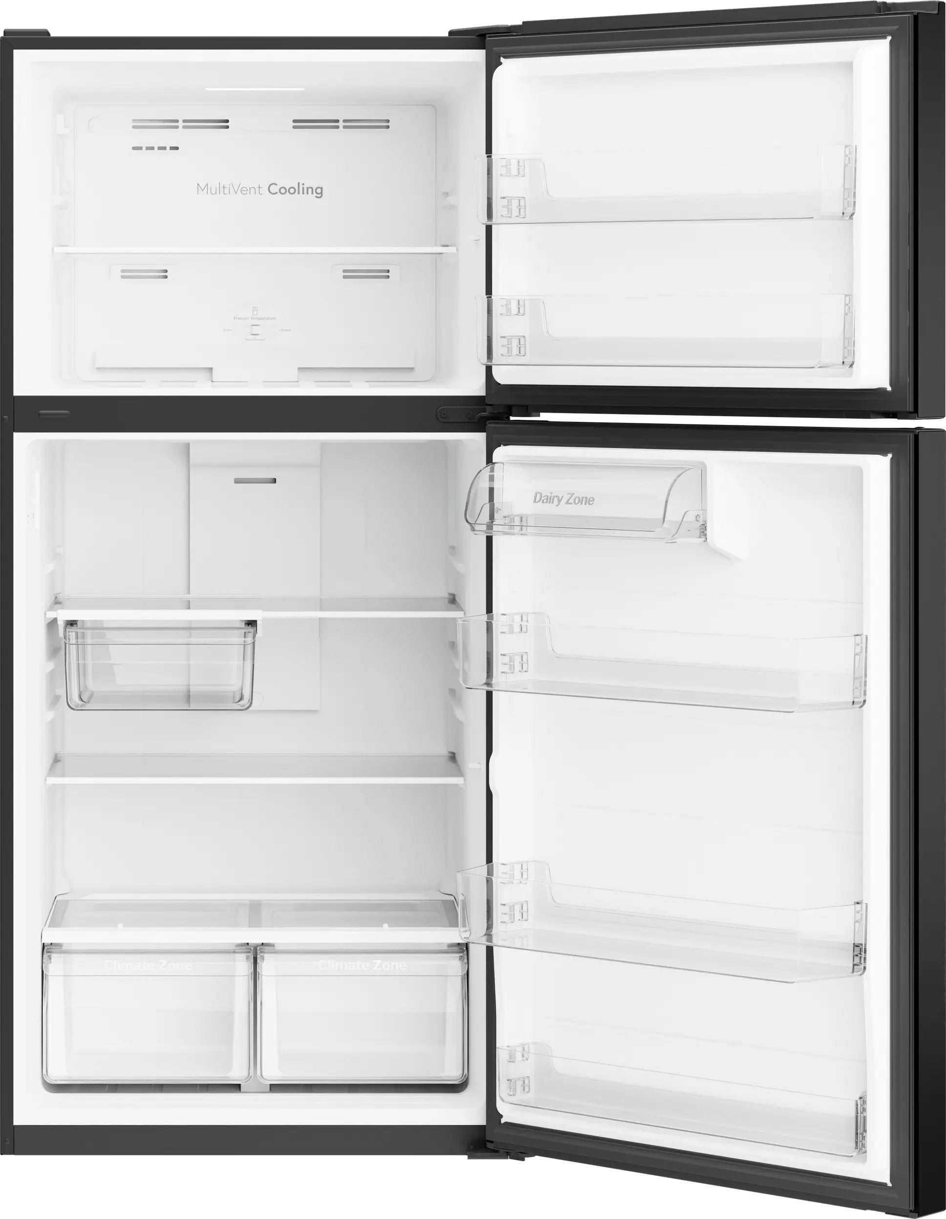 A top-down view of a black refrigerator with both the freezer door and the main refrigerator door open, showing the white interior shelves, door bins, and two bottom crisper drawers.
