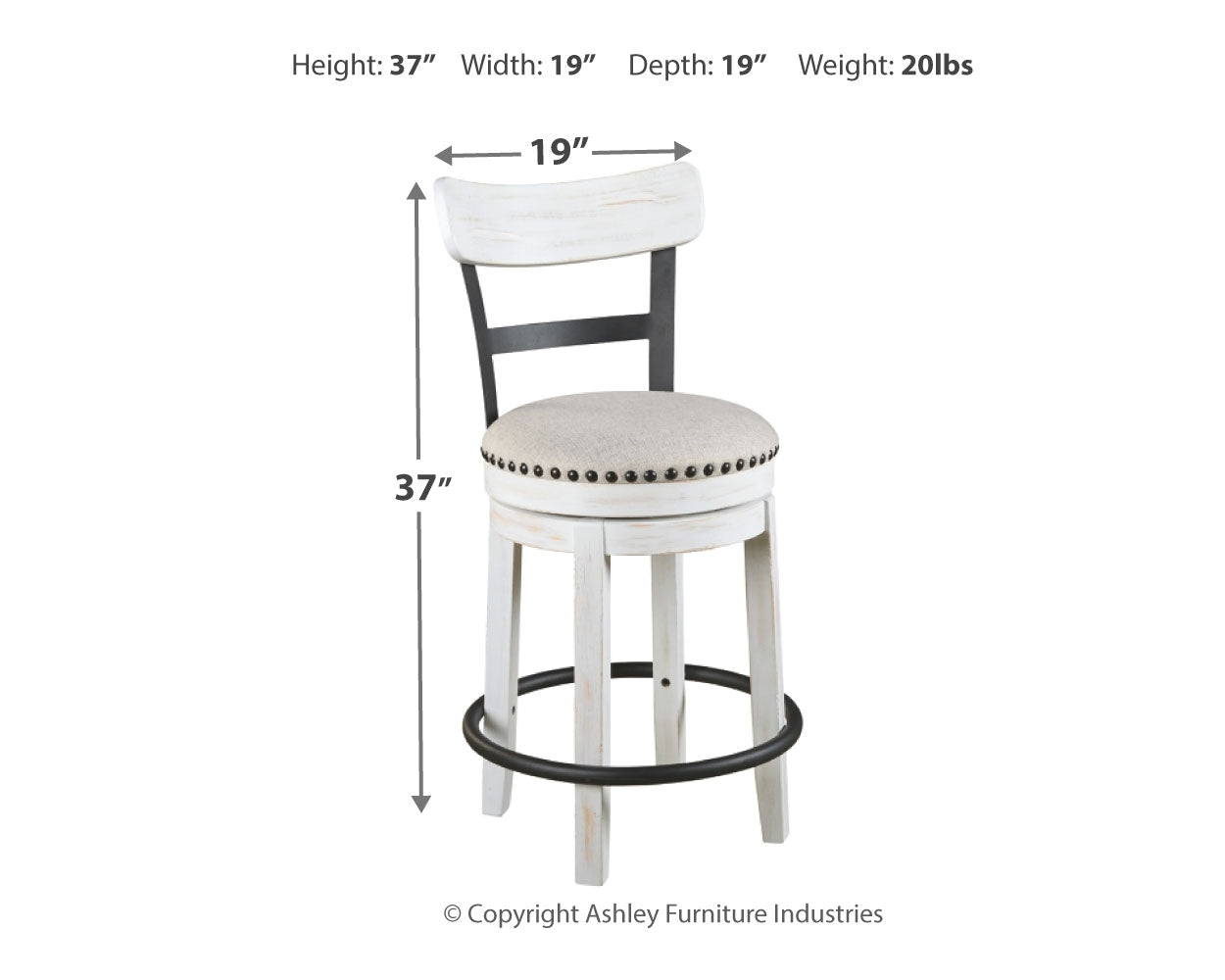 Ashley Furniture - Valebeck 24" Swivel Barstool - White - Fabric|Metal|Wood - Stools - Additional View 3