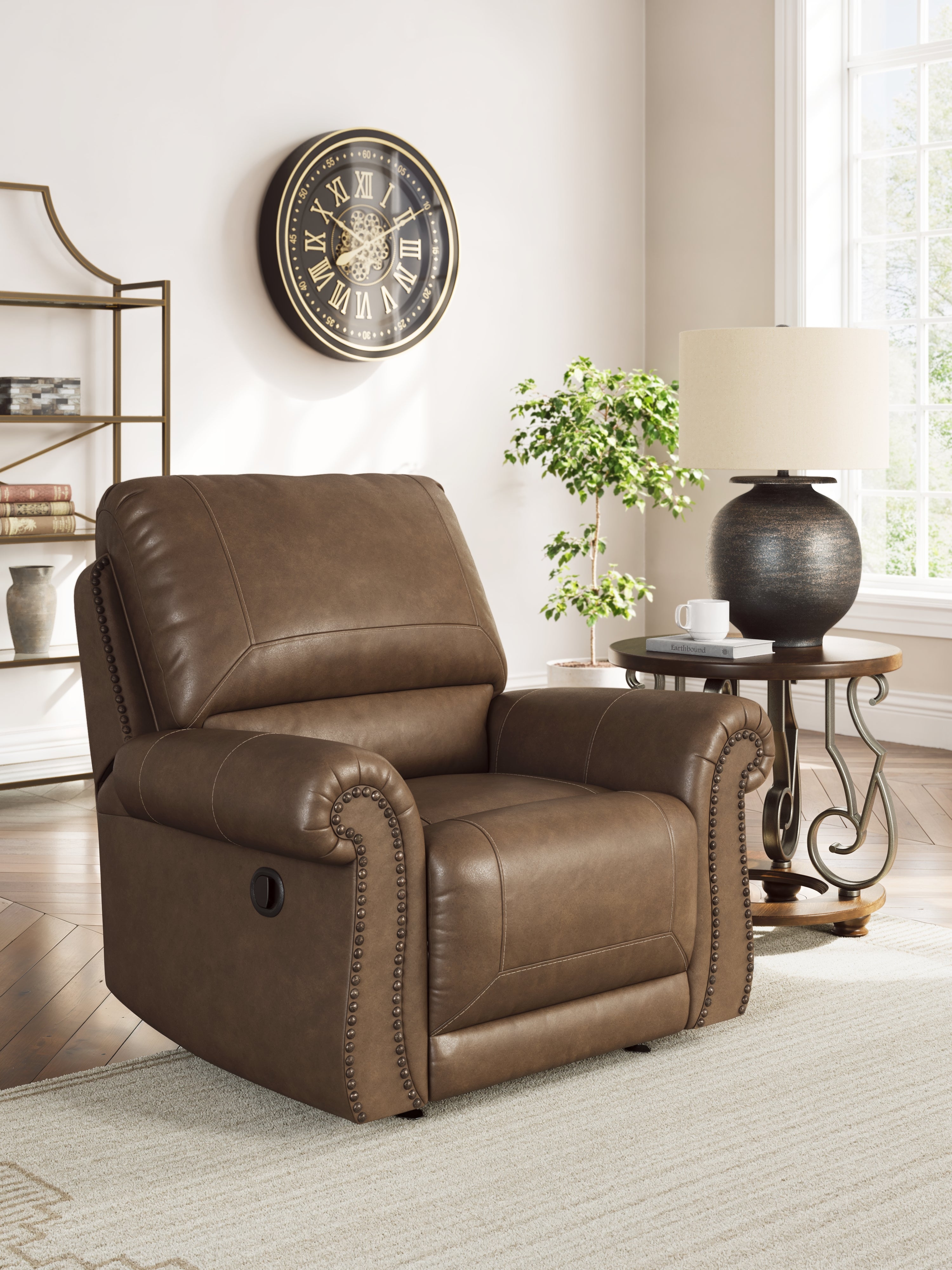Ashley Furniture - Shadsburne Swivel Glider Recliner - Earth - Dark Brown Faux Leather - Chairs - Additional View 1