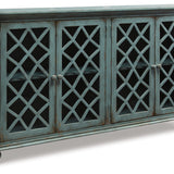 Ashley Furniture - MIRIMYN ANTIQUE TEAL LATTICE DOOR ACCENT CABINET - Light Blue Glass|Wood - Cabinets