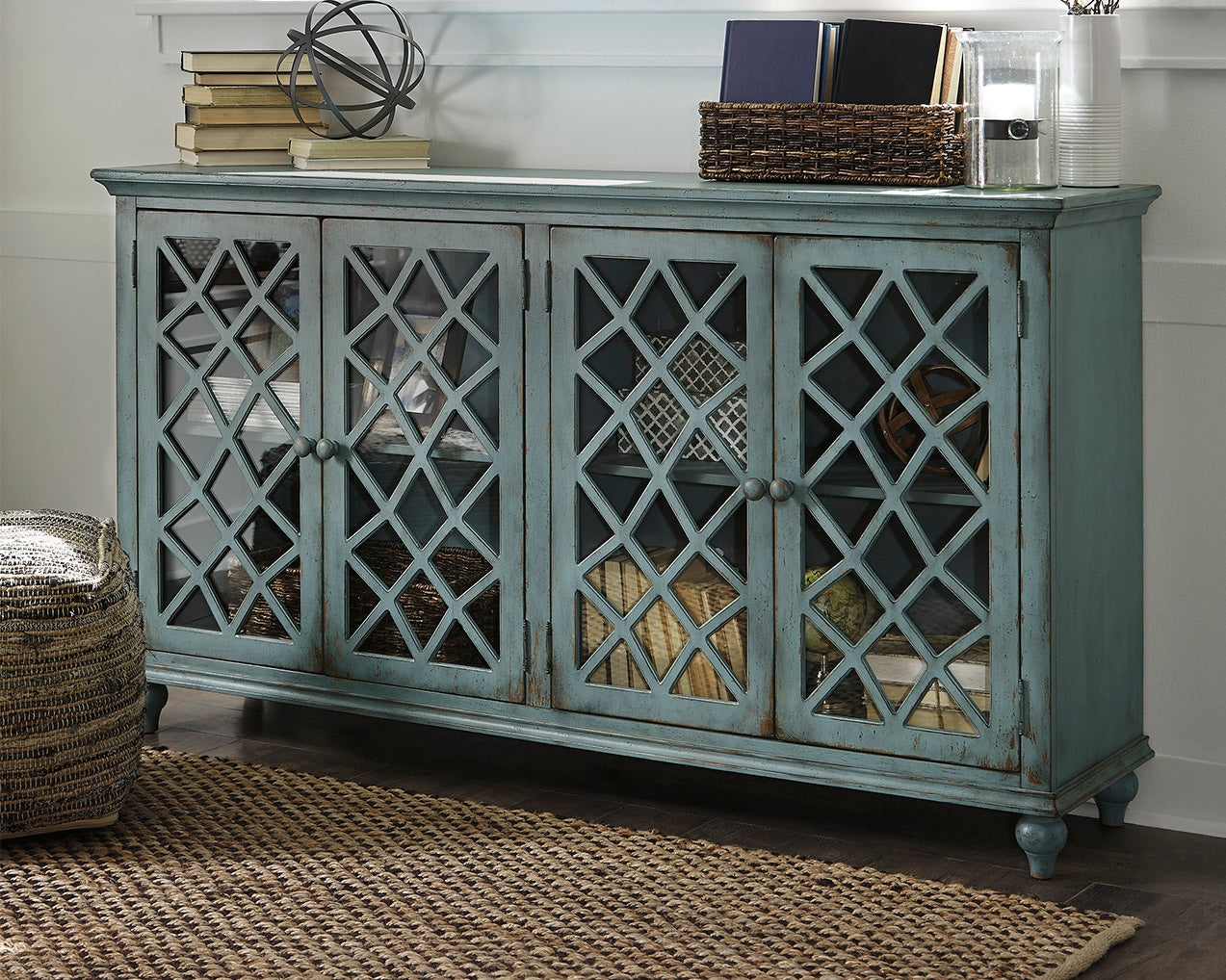 Ashley Furniture - MIRIMYN ANTIQUE TEAL LATTICE DOOR ACCENT CABINET - Light Blue Glass|Wood - Cabinets - Additional View 1
