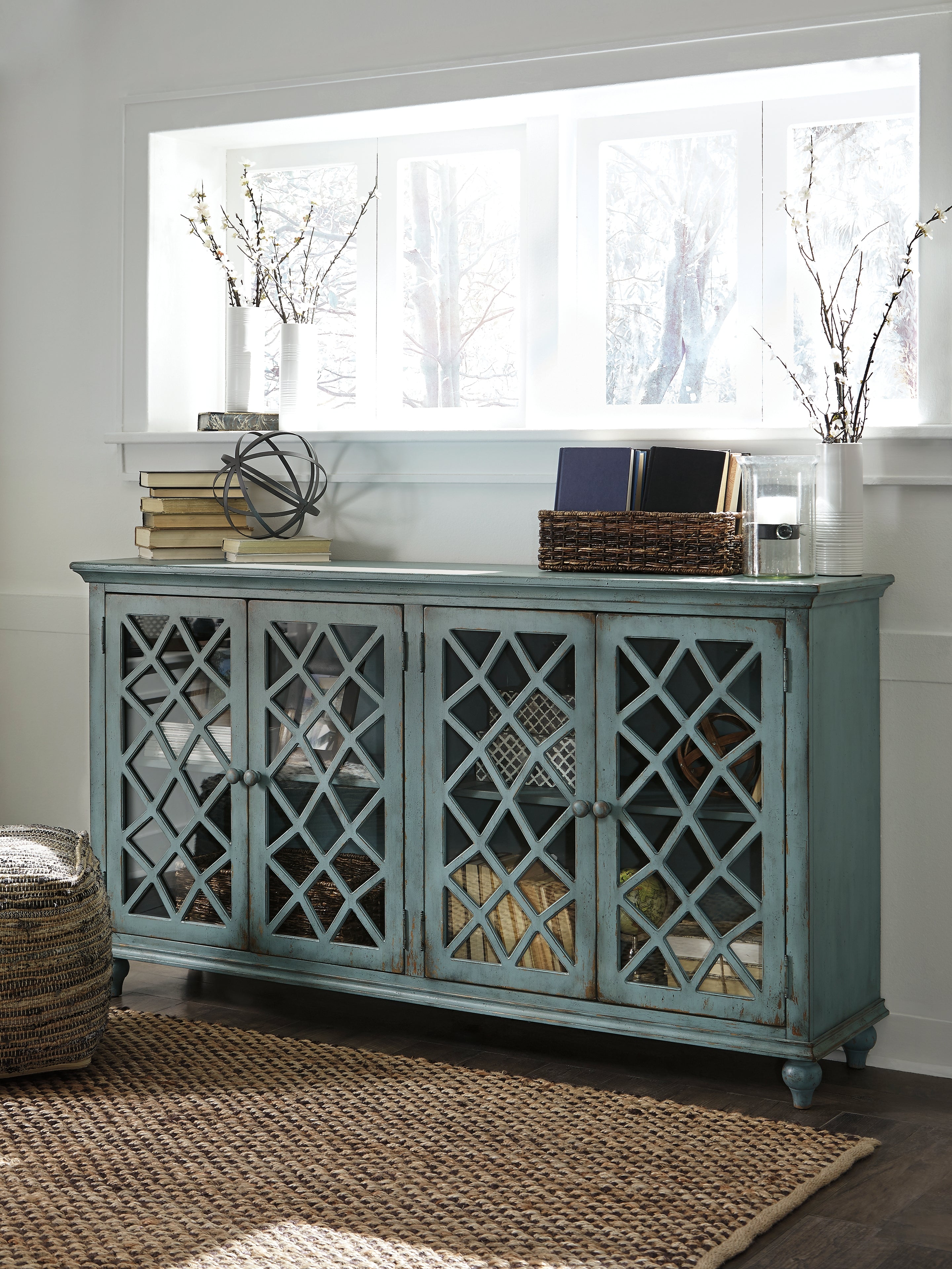 Ashley Furniture - MIRIMYN ANTIQUE TEAL LATTICE DOOR ACCENT CABINET - Light Blue Glass|Wood - Cabinets - Additional View 2