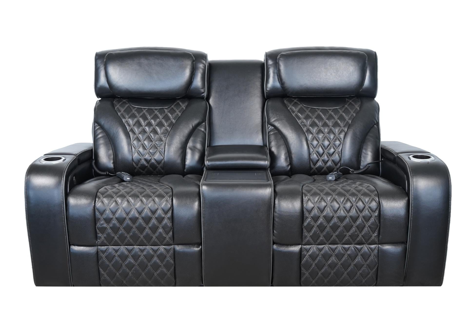 VAMOND BLACK LEATHER POWER CONSOLE LOVESEAT WITH AIR MASSAGE AND IMMERSIVE AUDIO