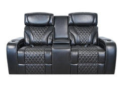 VAMOND BLACK LEATHER POWER CONSOLE LOVESEAT WITH AIR MASSAGE AND IMMERSIVE AUDIO
