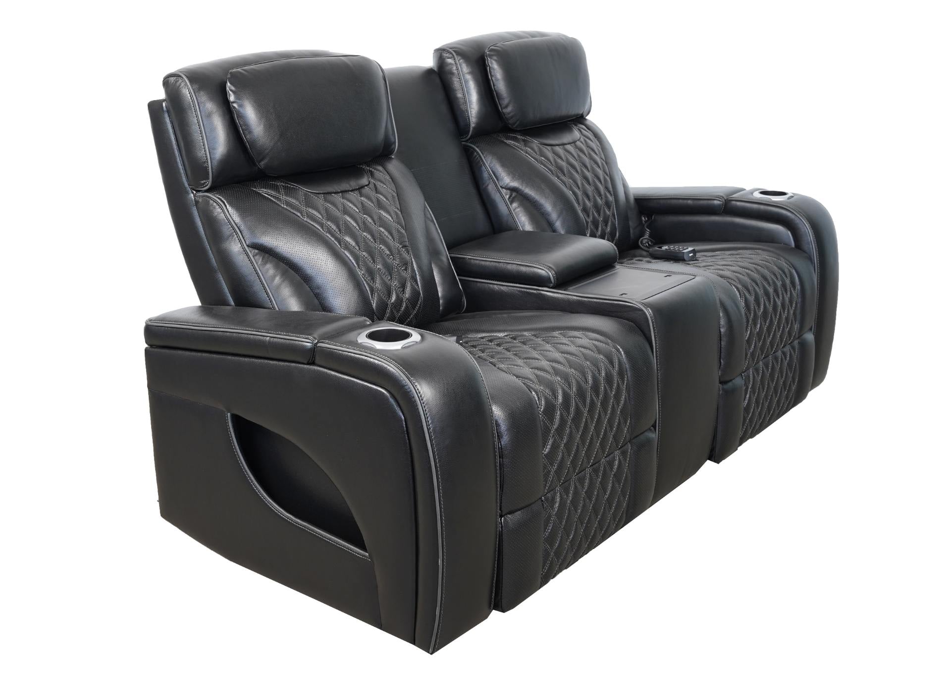 VAMOND BLACK LEATHER POWER CONSOLE LOVESEAT WITH AIR MASSAGE AND IMMERSIVE AUDIO - Additional View 1