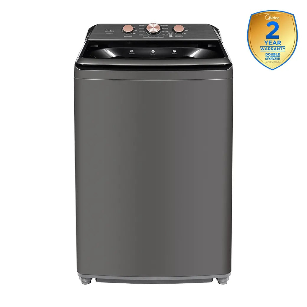 A top-loading washing machine in a dark gray finish with a black control panel, shown on a plain white background with a gold and blue 2-year warranty badge in the upper right corner.